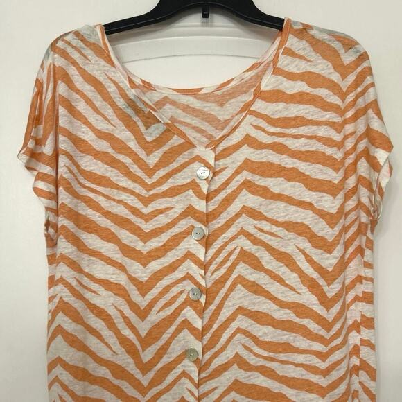 TAHARI 100% Linen Coral Tan Animal Print Button Back Top Beachy Summer Large - Picture 4 of 9